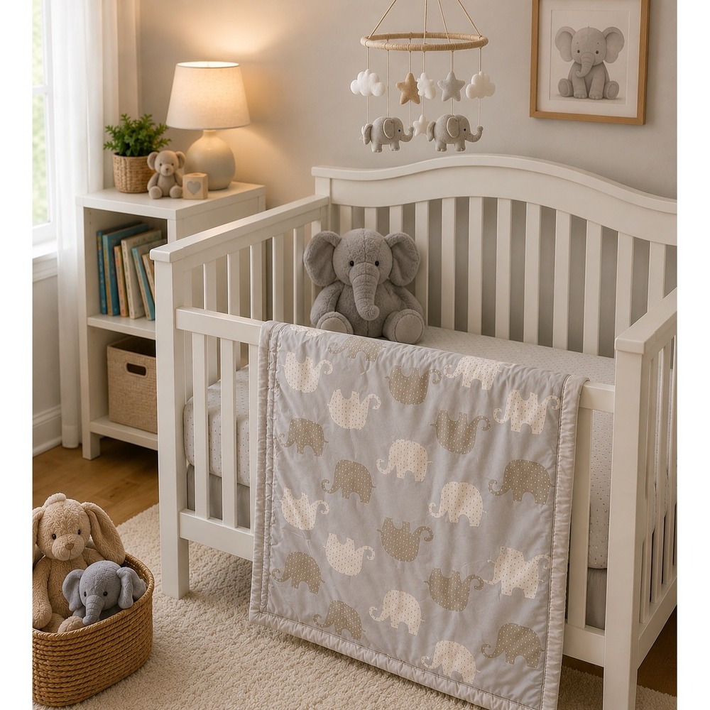 NoJo Blue Gray Elephant Reversible Baby Crib Comforter Quilt 214656WT